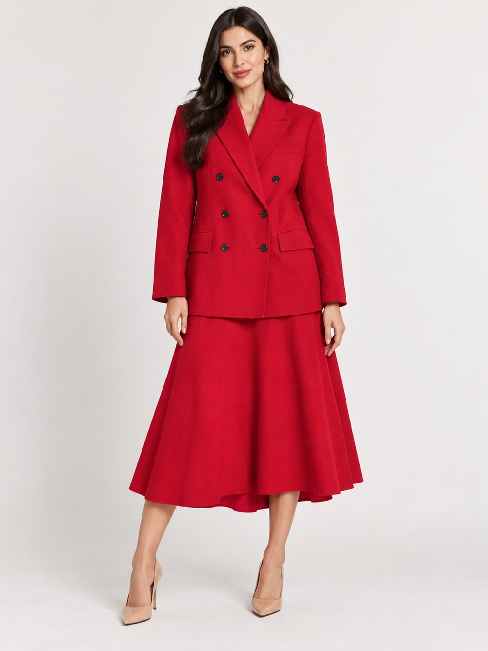 Zara Women's Red Suit (Red double breasted blazer and midi skirt set SMALL NWT)